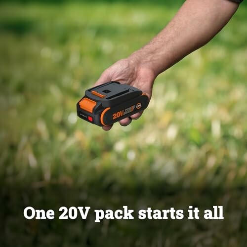 Hand holding a 20V battery pack in a grassy field.