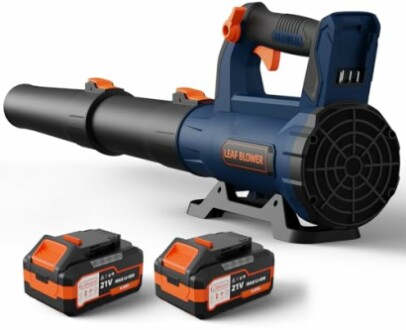 Cordless leaf blower with two rechargeable batteries.