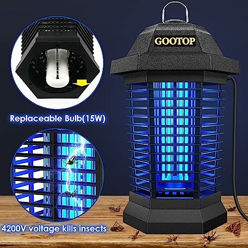 Electric insect killer lamp with replaceable bulb and 4200V voltage.
