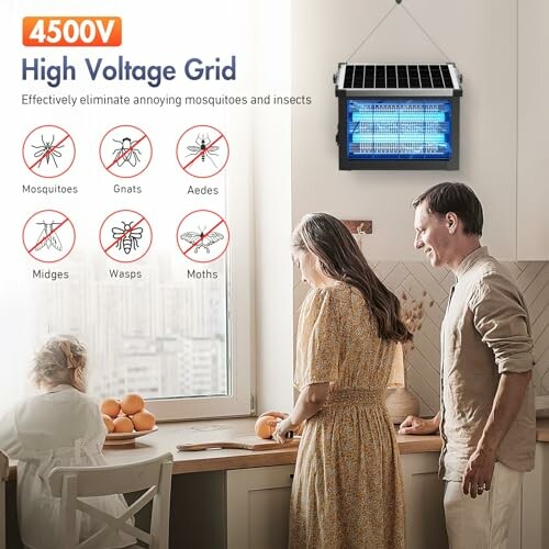 Family using an indoor insect zapper in kitchen with no insects sign.