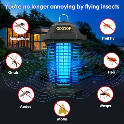 Insect killer lamp with blue light and icons of insects it repels.