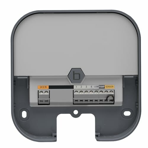 Irrigation control panel with wiring terminals.