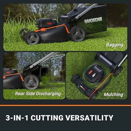 3-in-1 lawn mower featuring bagging, rear side discharging, and mulching.