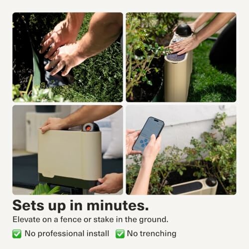 Collage showing a portable sprinkler being set up in a garden with a smartphone app.