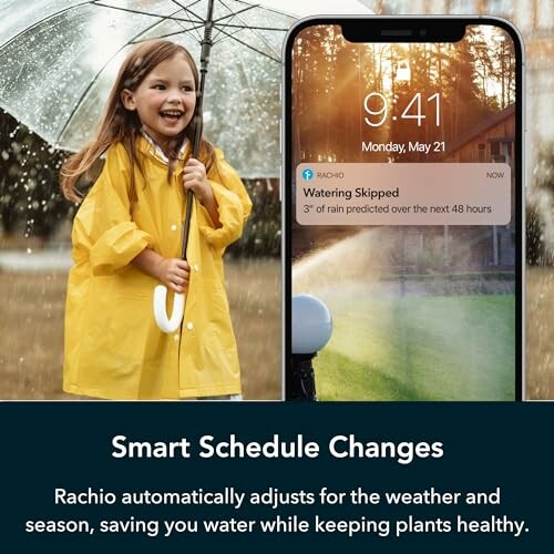 Child in raincoat with umbrella next to phone displaying Rachio notification.