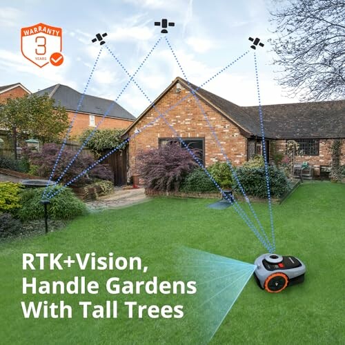 Robotic lawnmower in a garden with tall trees and house