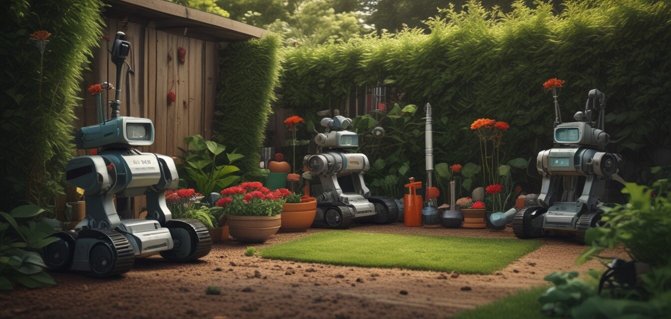 Robotic gardening tools in a backyard