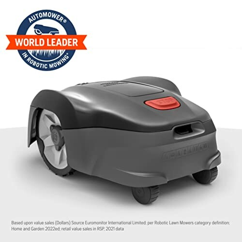 Robotic lawn mower with world leader badge.