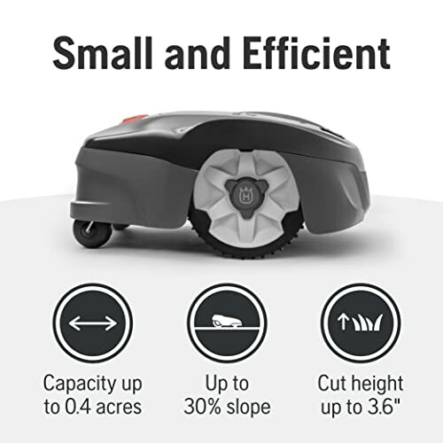 Robotic lawn mower with features: 0.4-acre capacity, 30% slope, 3.6-inch cut height.