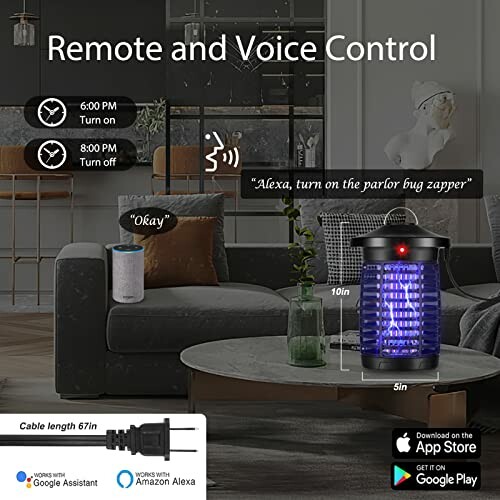 Smart bug zapper with remote and voice control, compatible with Google Assistant and Amazon Alexa.