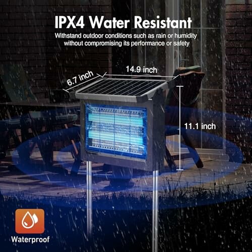 Outdoor waterproof device under rain with dimensions and IPX4 rating.