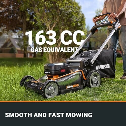 WORX lawn mower with 163 CC gas equivalent for smooth and fast mowing.